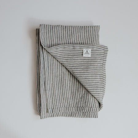 Grey and black striped linen tea towel, hand made in the UK