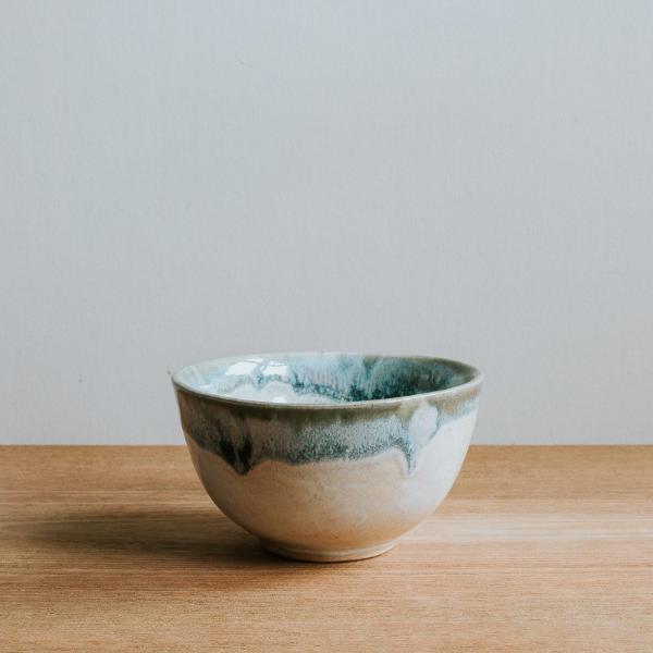 Handmade Stoneware Pottery Bowl with Teal Blue Rim